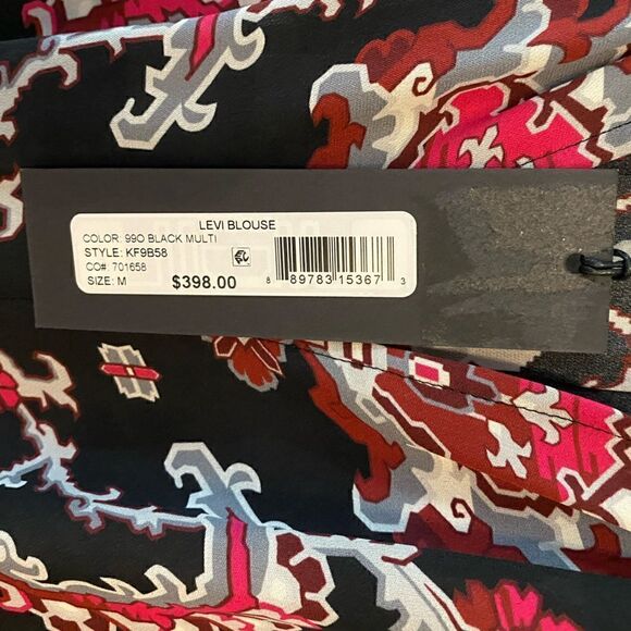 Kobi Halperin Sz M NWT Black Red Levi Ruffle Smocked Cuff Flowy 100% Silk Blouse - Picture 8 of 10